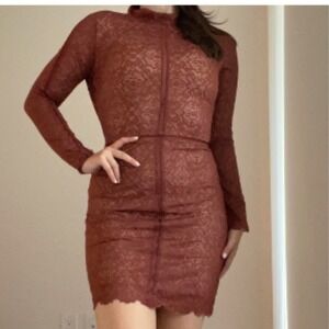 Wilfred Janvry Lace Mini Dress Cider Gold Nude Mock Neck Long Sleeve 65155 Sz 2